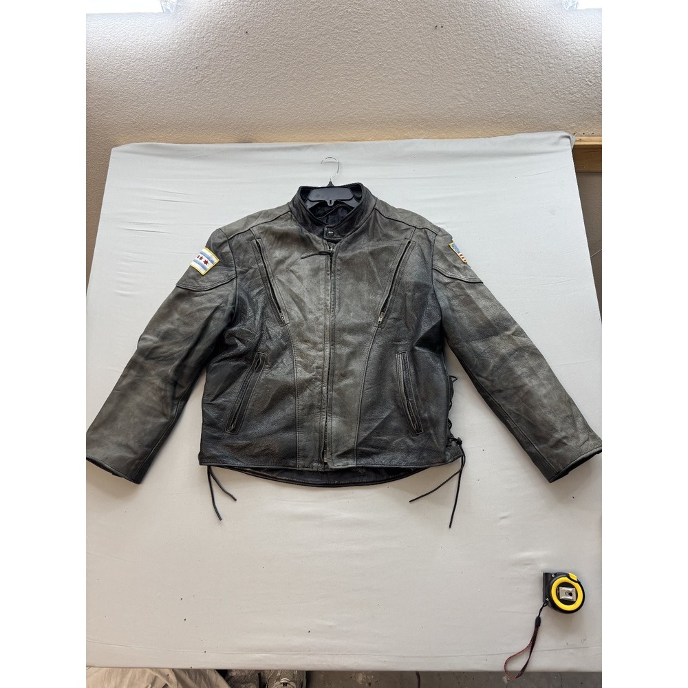 Distressed Black Leather Motorcycle Jacket Men's Laced Sides Patches Biker Coat